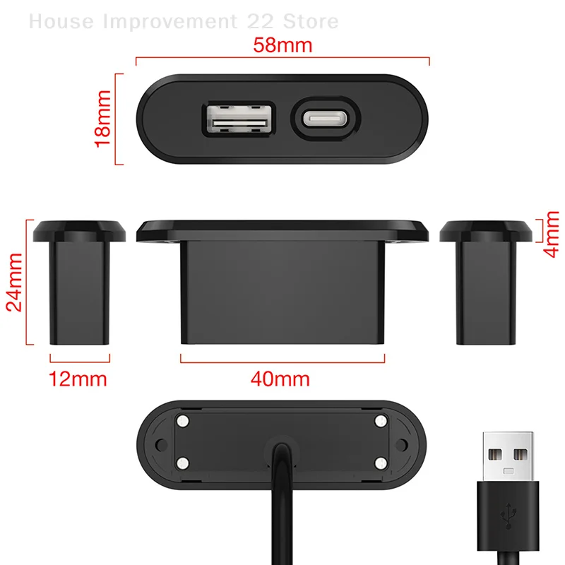 لطاولة غرفة النوم المكتبية مآخذ راحة 1 USB-A و1 Type-C مدمجة في مخرج طاقة مخفي لسطح المكتب مع سلك تمديد 1.2 متر