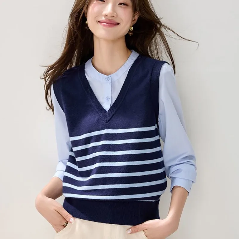 

Вязаный жилет в полоску в стиле преппи, модная темпераментная рубашка с длинными рукавами, женский топ из двух предметов, новинка весны и осени 2023 года