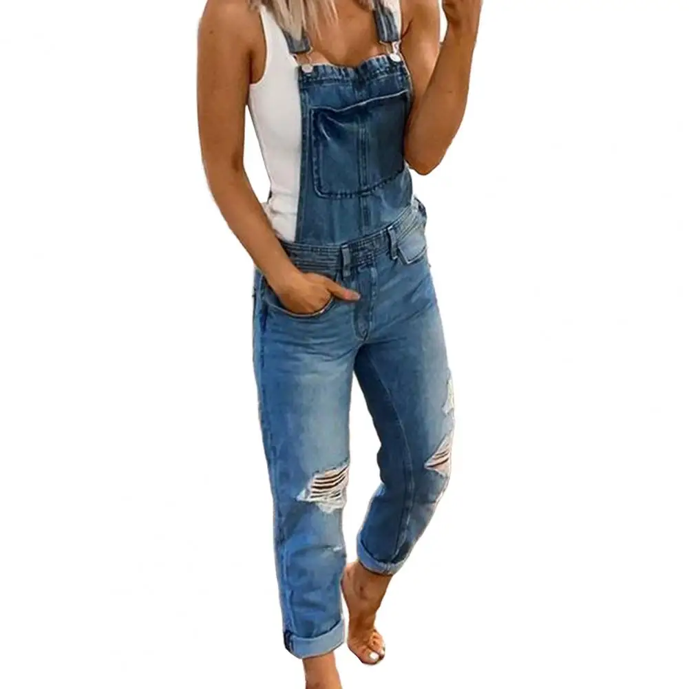 Bodysuit Stylish Cargo Style Ripped Hole Jeans Overalls with Adjustable Straps Jumpsuit for Work Travel Wear Women Denim