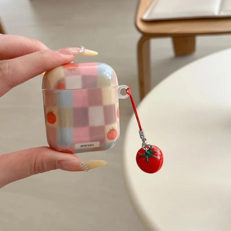 

For AirPods Pro2 Pro 3 2025 4 3 2/1 Retro Fun Color Collision Grid Pattern Tomato Pendant Earphone Case Protective Sleeve Cover