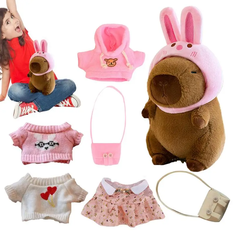 Dress Up Capybara Plush Dolls with Bunny ears hat Clothe and hat Accessories Stuffed Plush Capybara toys For Children Gift
