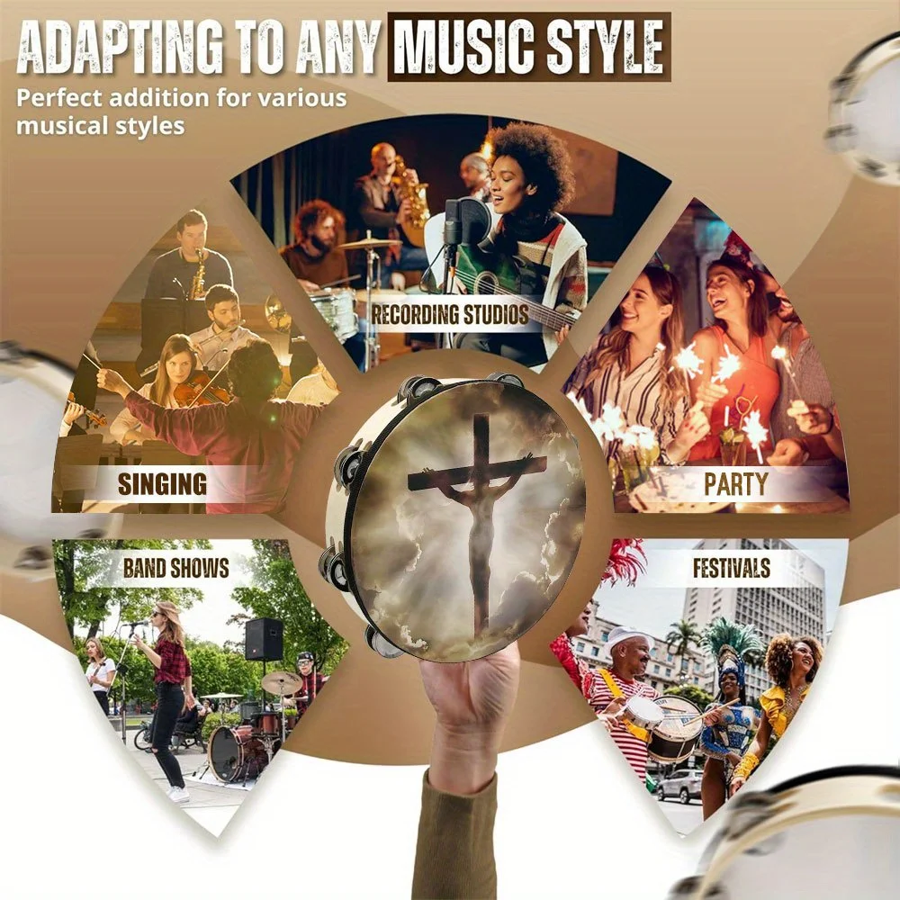 8/10-inch Crucifixion Tambourine Double Row Jingle Hand bell Clap Drum Party Musical Instrument