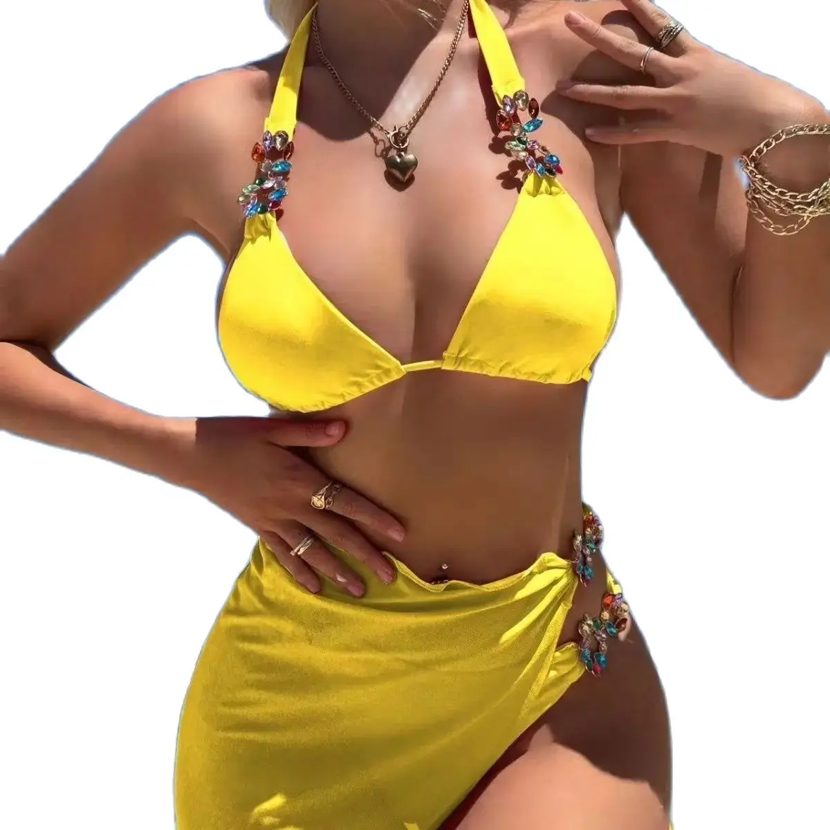 

2024 Europe And The United States New Solid Color Dress Mesh Three-piece Swimsuit Bikini Amazon Foreign Trade Swimsuit Woman.