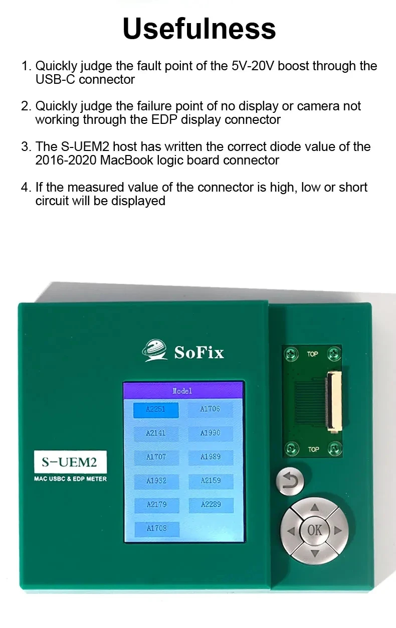 SoFix S-UEM2 For Macbook USB-C EDP Meter Detector Connector Logic Board 2016-2020 A1706 A1708 A1707 A1989 A1990