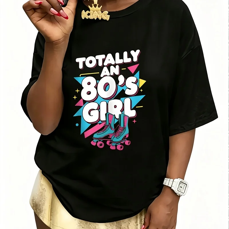 Totally an 80's Girl Rollerblade Women's 100% Cotton T-Shirt Fun Print Short Sleeve Top Casual Round Neck Tee S-5Xl