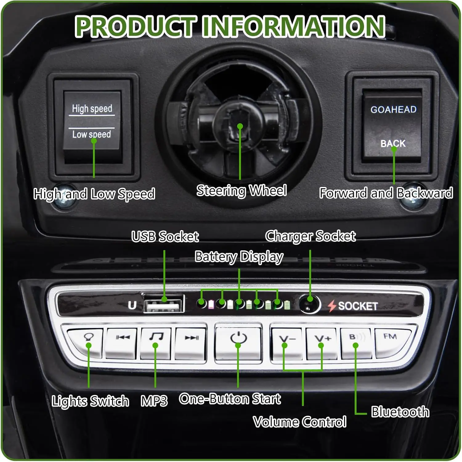 Samochód ciężarówka do jazdy dla chłopców i dziewcząt, traktor dla dzieci z podwójnym silnikiem 35W z odłączanym przyczepą, muzyką, światłami LED i pasami bezpieczeństwa.