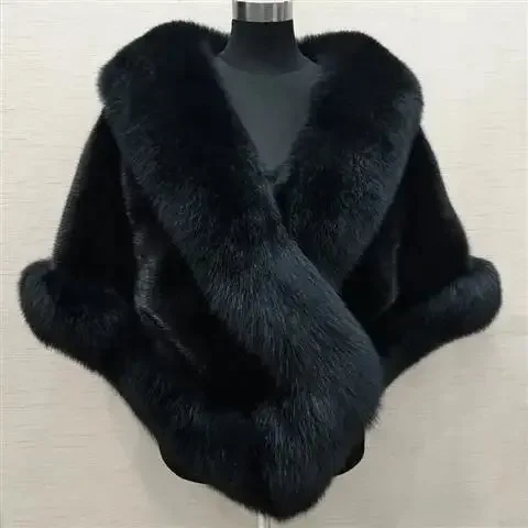 Women Faux Fur Fox Coats Shawl Cloak Coat Thick Open Stitch Elegant Maxi Warm Wedding Work Thick Outerwear Autumn Winter