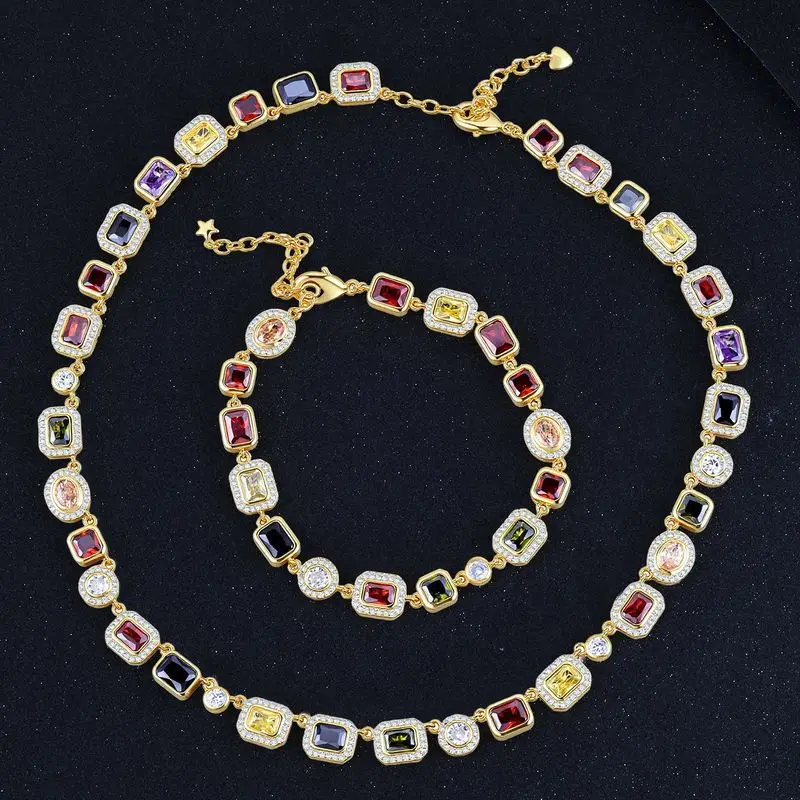 Classic hip hop men mixed colored rectangular gem necklace adjustable link chain for rapper streetwear banquet and dating looks