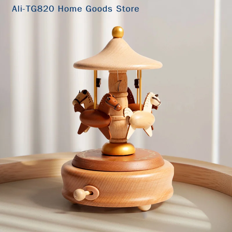 [TG820]Wooden Carousel Music Box Ornaments Rotatable Hand-cranked Music Box DIY Handmade Birthday Christmas Gift Children’s Toys
