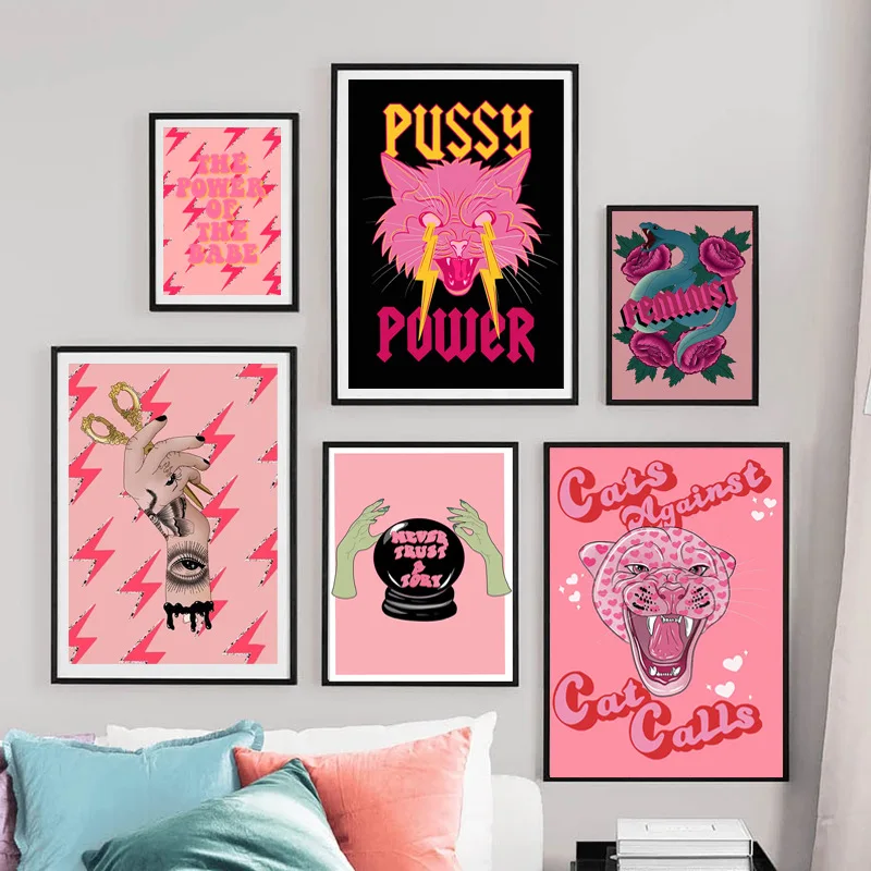 American Abstract Personality Pink Feminist Fashion Unframed Canvas Painting Posters For Living Room Bedroom Home Wall Art Decor