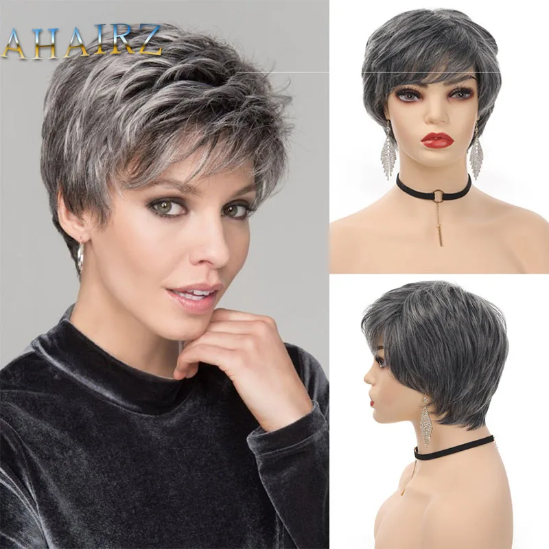 

AHAIRZ Synthetic Gray White Short Bob Curly Wig With Bangs No Lace Wigs For Women Cosplay Daily Wear Pixie Cut Fake Hair