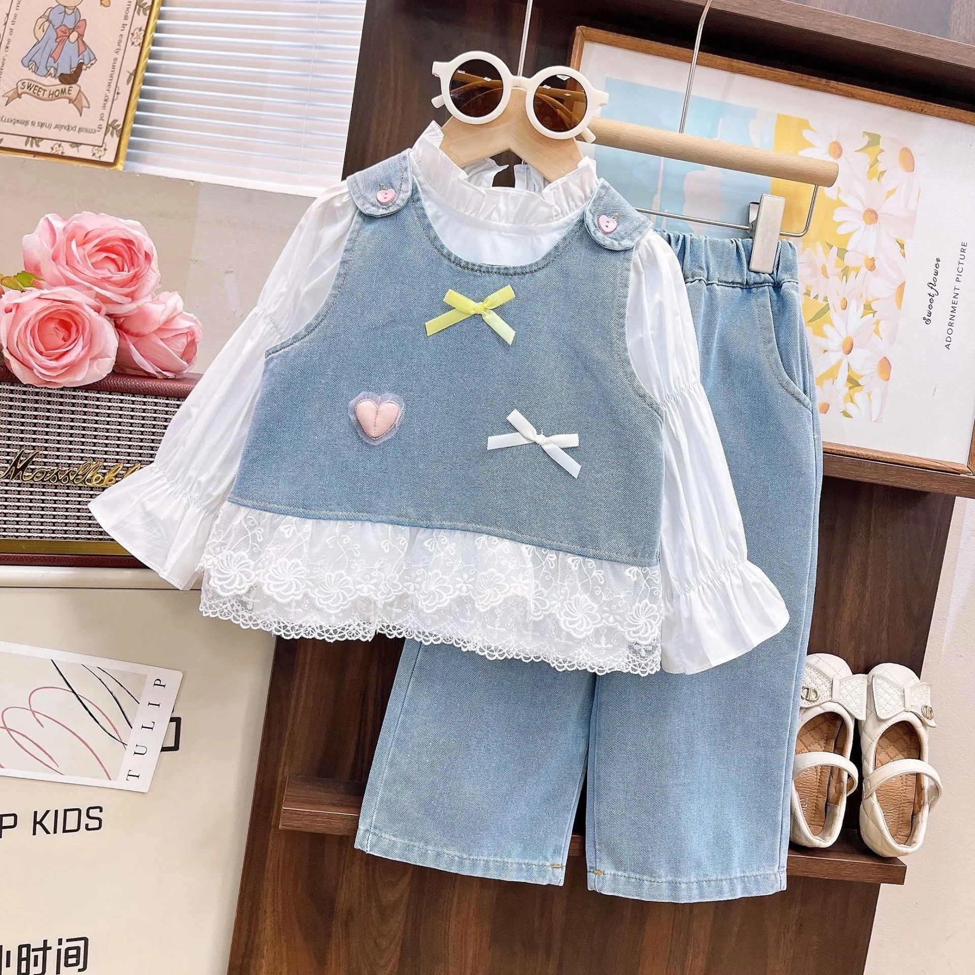 

Комплекты джинсовой одежды для девочек, весна-осень 2025 г., детский жилет, рубашки, брюки, костюм принцессы из 3 предметов для малышей, милые наряды, детский костюм, От 7 лет