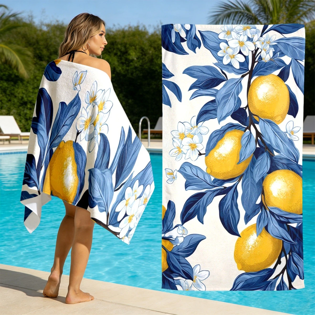 Aesthetic Fresh Lemon Pattern Microfiber Beach Towel 2D Flat Printed Sandproof Waterproof Cute Picnic Mat Travel Essentials