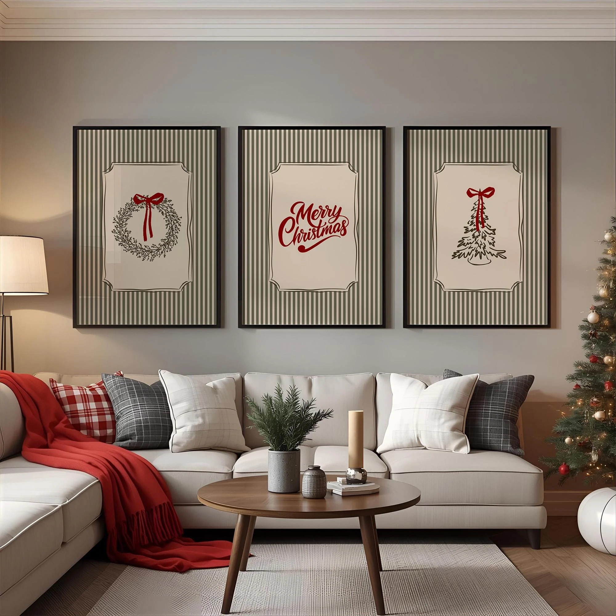 Christmas Wall Art Set of 3 Prints Merry Christmas Green Striped Trendy Christmas Wall Art Printable Classic Holiday Wall Decor
