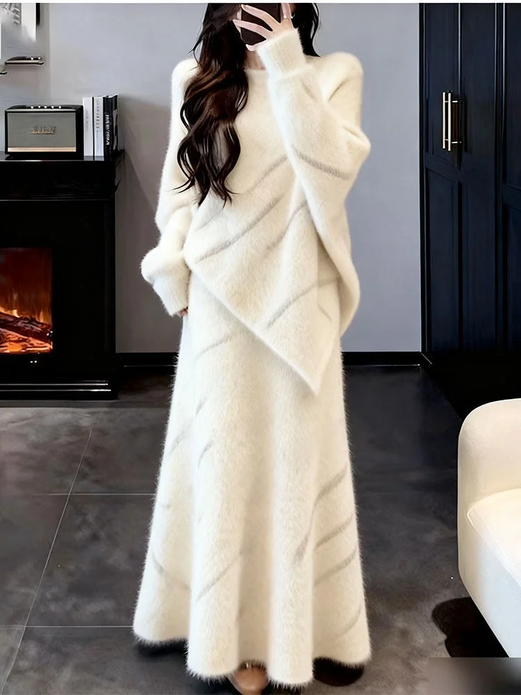 

Ele Winter Faion Корейский комплект Sle Супер красивый молодежный повседневный полосатый трикотаж Длинный све Свободный крой для взрослых Wo...