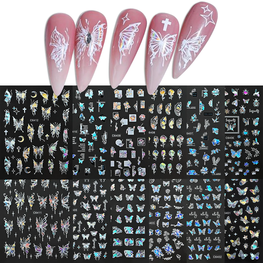 12 stuks glanzende 3D holografische vlinder nail art stickers zelfklevende laser glitter nagel ontwerp folie DIY manicure decor nail art