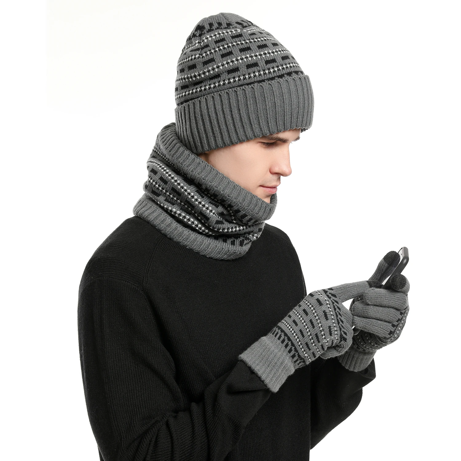 Men\'s Winter Keep Warm Set Unisex Beanie Telefingers Gloves Fleece Lining Scarf Male Woolen Yarn Knitted Muffler Neck Gaiter Hat