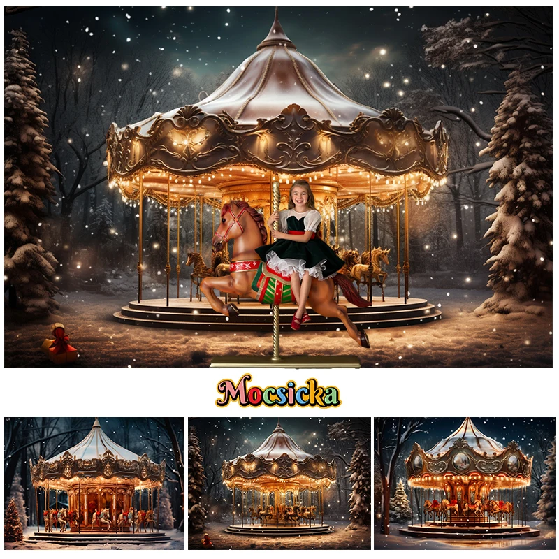 

Mocsicka Christmas Amusement Park Carousel Background For Kids Portrait Photography Winter Forest Snowflake Decoration Banner