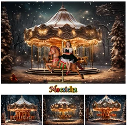 Mocsicka Christmas Amusement Park Carousel Background For Kids Portrait Photography Winter Forest Snowflake Decoration Banner