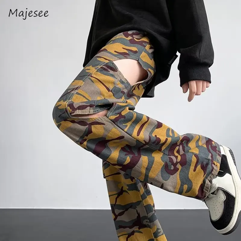 Cargo Pants Men Chic Hollow Out Design Simple Summer Harajuku Stylish Camouflage Unisex Trousers American Style Popular Baggy