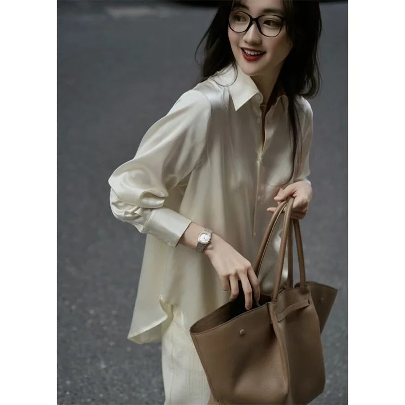 

Женская атласная рубашка Ele Long Sve свободного кроя с эффектом похудения, с воротником, в стиле French Sle Morning Bell Evening Song