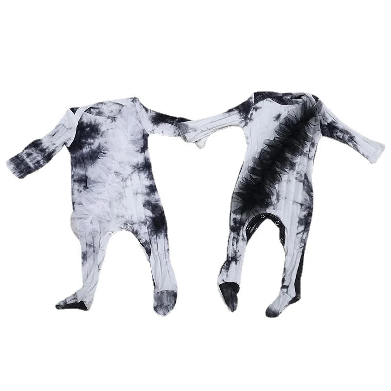 Girls Black Tie Dye Cotton Long Sleeve Jumpsuits 2022 Kids outfits Flower Ribbon Newborn Baby Clothes Boy Pajamas Customized