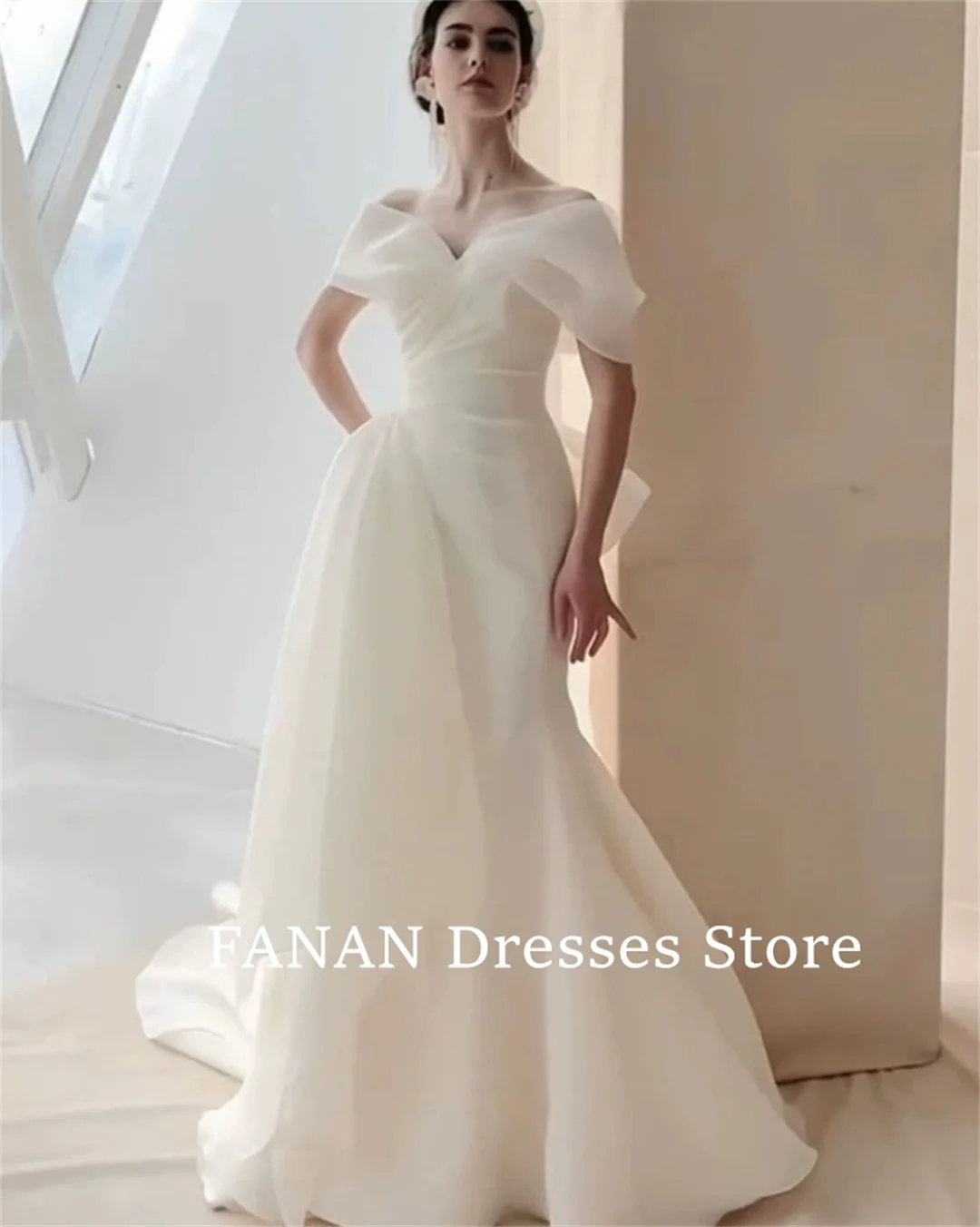 

FANAN Korea Off Shoulder Ivory Short Sleeves Wedding Dresses 웨딩드레스 Organza Mermaid Vintage Customized Bride Gowns Plus Size