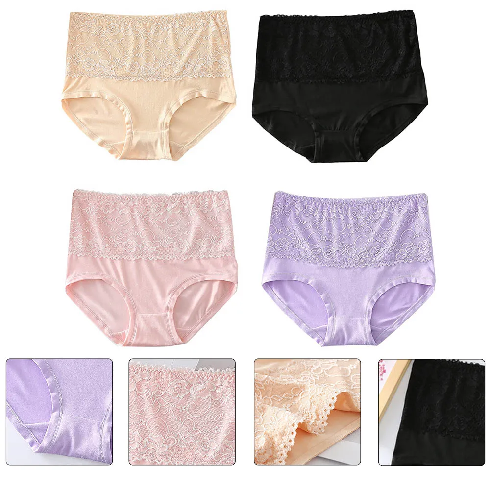 

4 Pcs Lady Panties Breathable Lace Briefs High Waisted Knickers Underwear Spandex for Women Woman