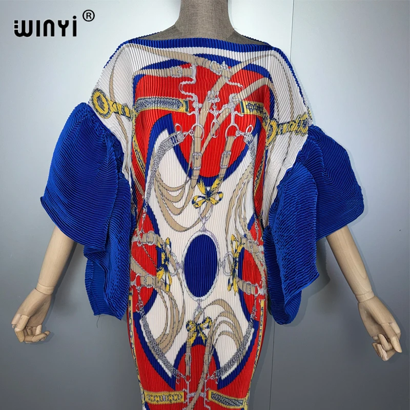 WINYI Pleated Elastic slim dress puff(ed) sleeves beach cover up muslim woman kaftan abaya dubai luxury long down evening dress