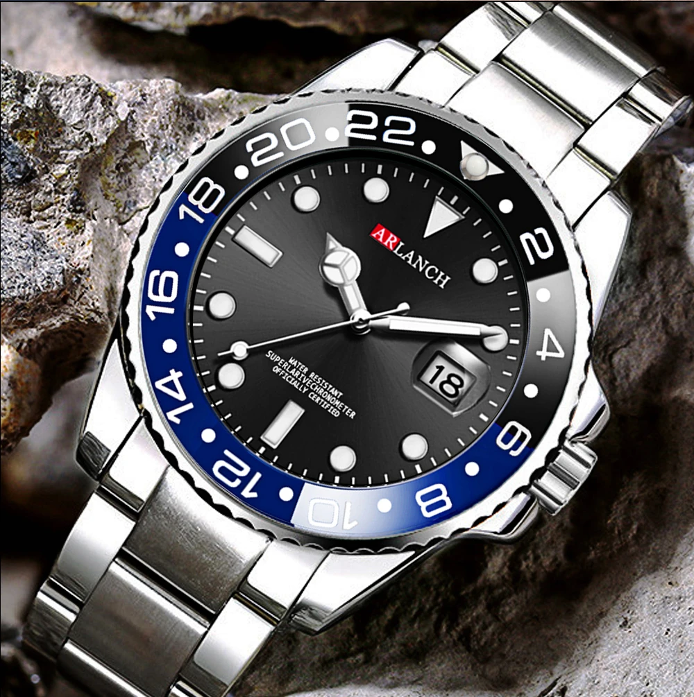 Business-Edelstahluhr 40mm Klassische Rot-Blaue Kreis-Taucheruhr mit Vergrößerungsglas und Kalender Quarzuhren montre homme – Detail 9