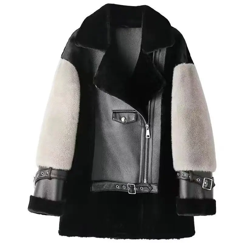 New Autumn Winter Fur One Motorcycle Short Jacket Outwear Women's Stitching Contrast Color European Mink Fleece Motorcycle Coat