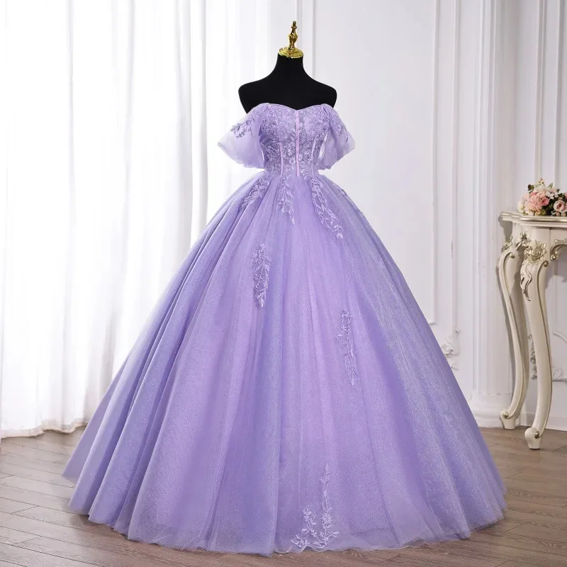 2026 New Women's Sexy Off-Shoulder Embroidered Purple Evening Gown Fashion Slimming Floor-Length Tie-Up Princess Dress