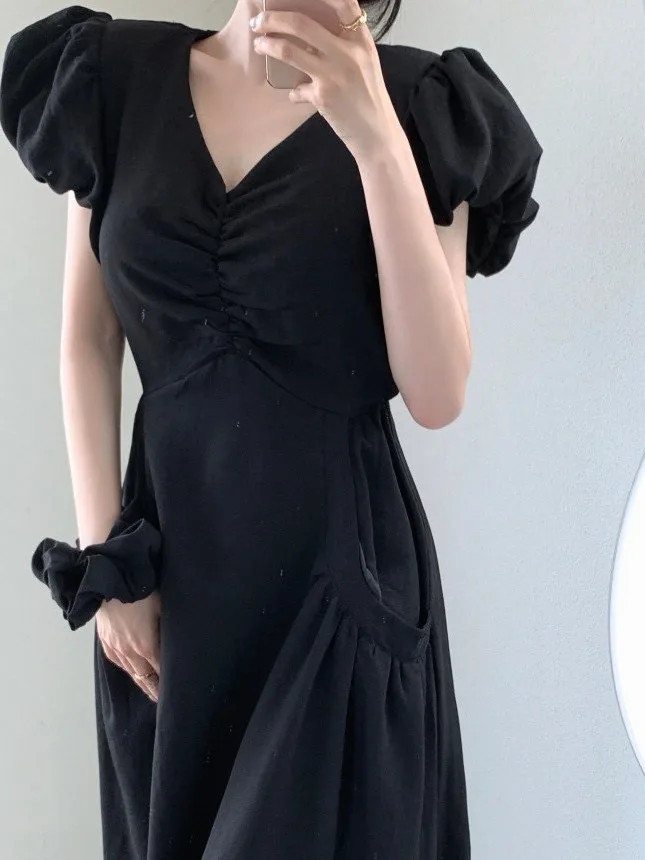 Vestido largo e con cuello en V y manga de burbuja para mujer, vestido de verano de manga corta con estilo e a ...