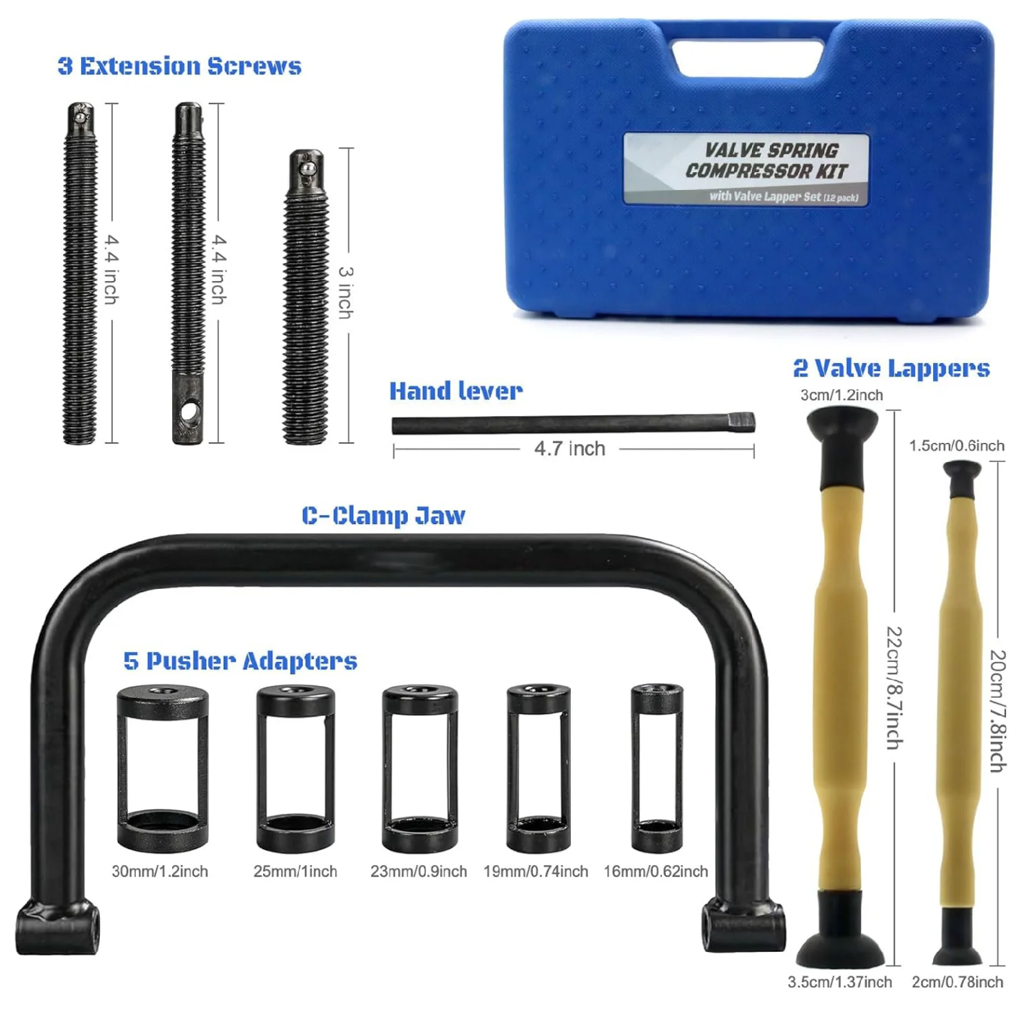 12Pcs Valve Spring Compressor with Valve Lapper Tool Valve Spring Removal Tool with C Clamp for Motorcycle, ATV, Car