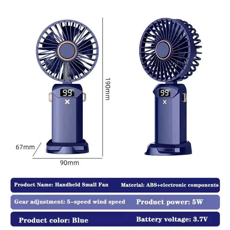 مروحة صغيرة محمولة قابلة للطي ومراوح معلقة على الرقبة 5 سرعات USB قابلة لإعادة الشحن مع حامل هاتف وشاشة عرض