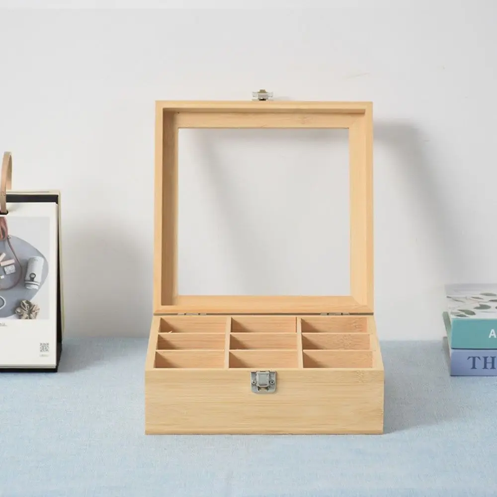 

Container Wooden Tea Bag Storage Boxes Dustproof 5/9 Grids Jewelry Organizer Rectangular Acrylic Lid Tea Box Holder Kitchen Bar