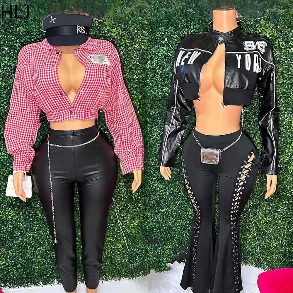 

HLJ&GG Fashion Y2K Leather Jacket Two Piece Set Women Zip Long Sleeve Crop Top And Bandage Flare Pants Outfit Female Streetwear