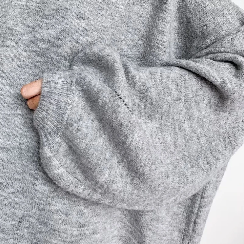Damskie swetry na jesień i zimę, długie, szare, z rękawami typu latarnia, rozcięciem bocznym, dekoltem O, dzianinowe pulowery, oversize, pull hiver femme