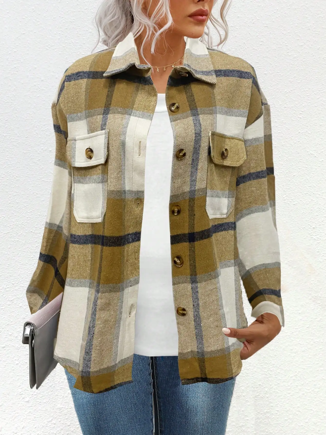 

Plaid Print Button - Down Shacket with Chest Pockets