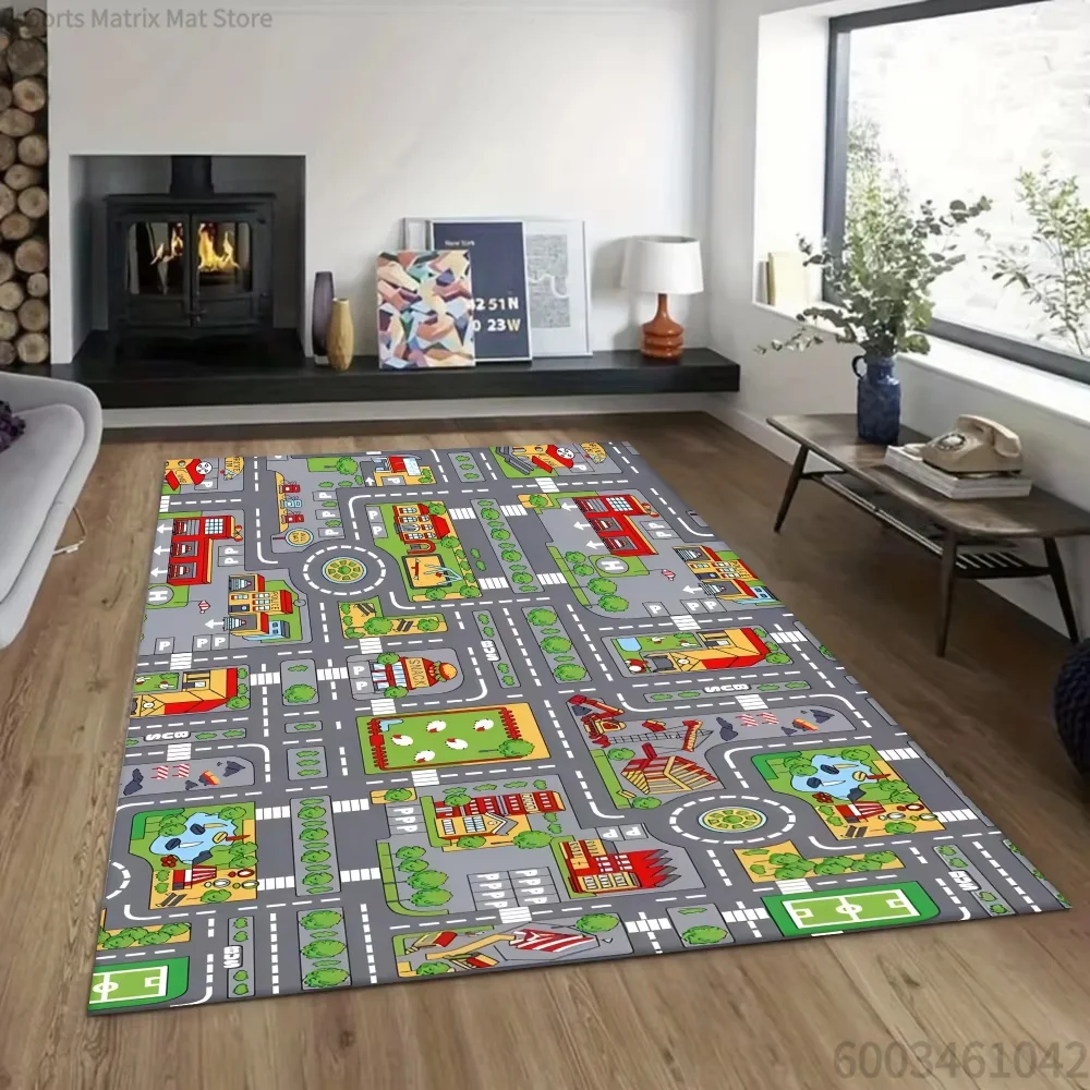 Kids Amusement Park Train Track Floor Rug, Decorative Play Carpet Mat for Playroom Game Room Home Interior Decor