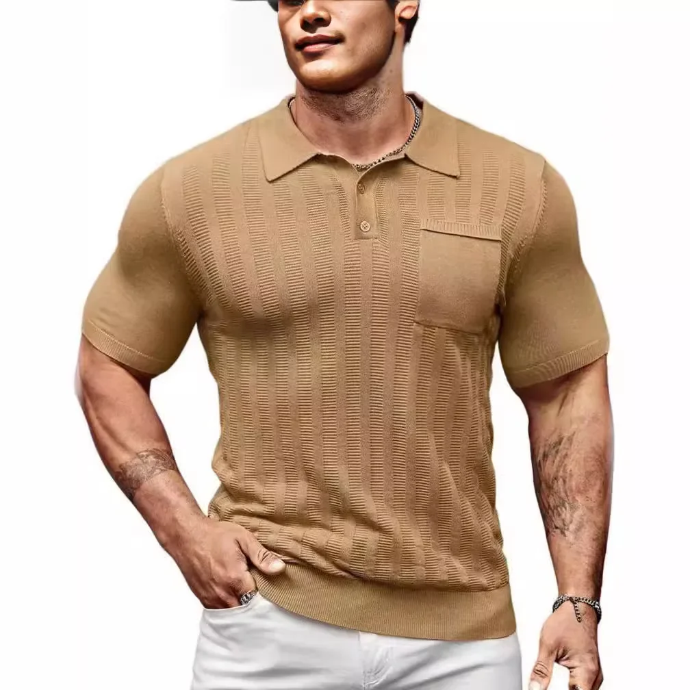 Fashion Men's Casual Polo Shirt Short Sleeve V-Neck Cutout Breathable Knitwear Summer Male Top