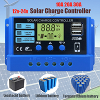 Solar Charge Controller PWM 10A 20A 30A Solar Panel 12V 24V Auto PV Controller 50VDC For Lithium Lead