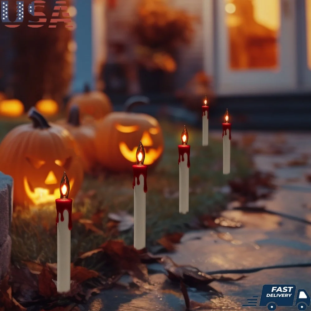 

Halloween Flickering Candle Pathway Marker Lights 5ct 4ft Black Wire LED Red Melting Wax Indoor Outdoor Use Ground Stakes