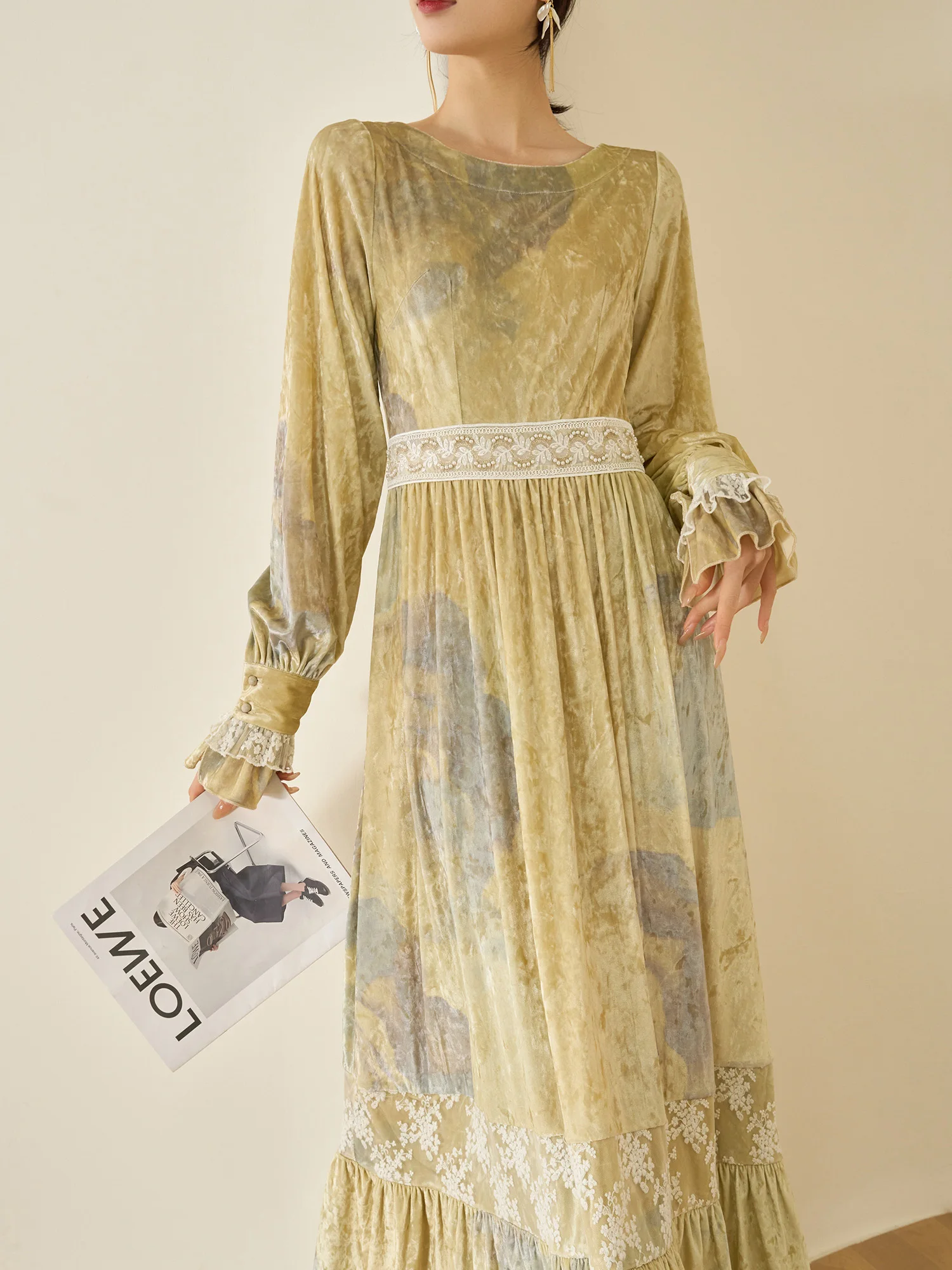 

Ele Velvet Lace Patchwork Dr Flowing Era Ci Commute A-Line Skirt Long Sve round Ne Invisible Zipper Ba Dr