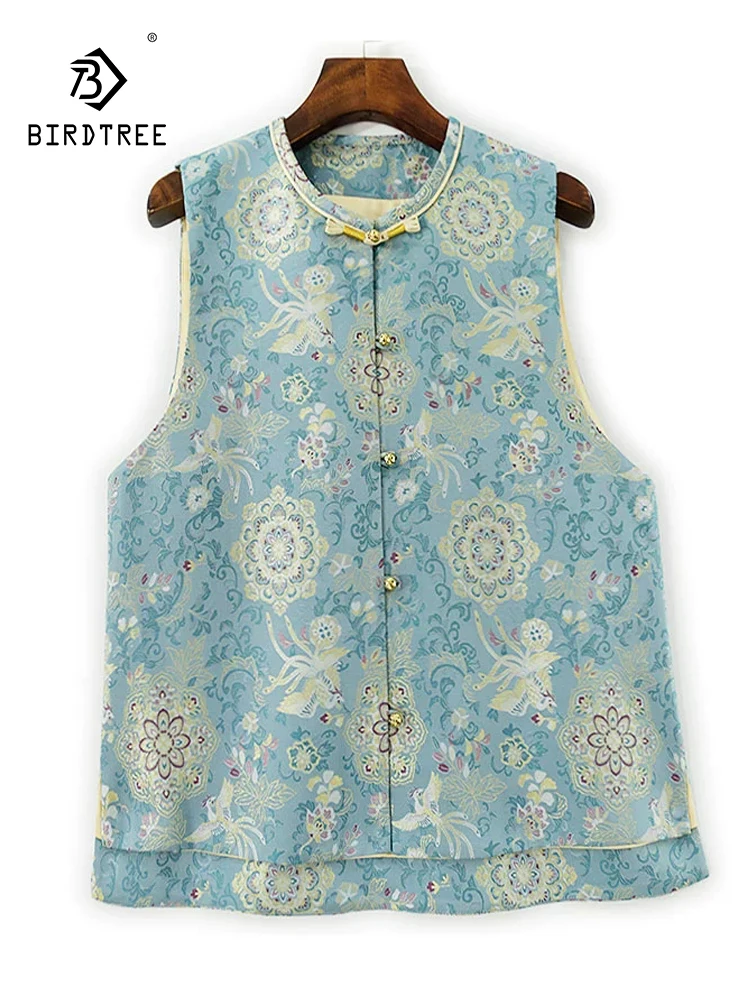 

BirdTree-50MM Silk Song Brocade Elegant Vest, Women O Neck Sleeveless Jacquard, Retro Commute Loose Coat, 2025 Autumn C58659CC