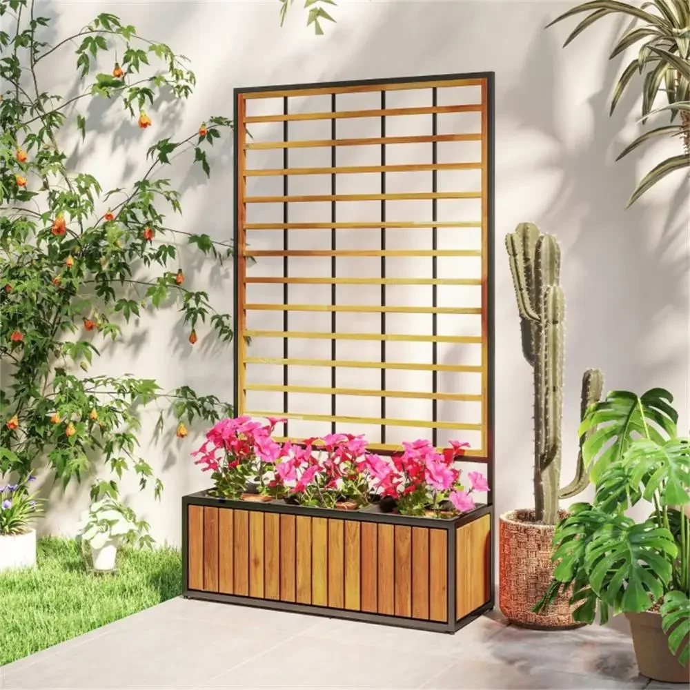 

Wooden Raised Garden Bed,Combines planter with trellis,Three separate planter boxes,Adjustable foot pads,Color:Teak, Black