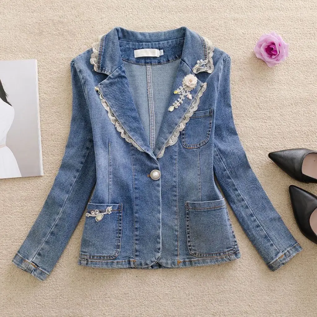 New Arrival Women's Denim Jacket 2025spring Casual Lace Embroidered Jeans Coats Stand Collar Slim Fit Casual Fall Outerwear