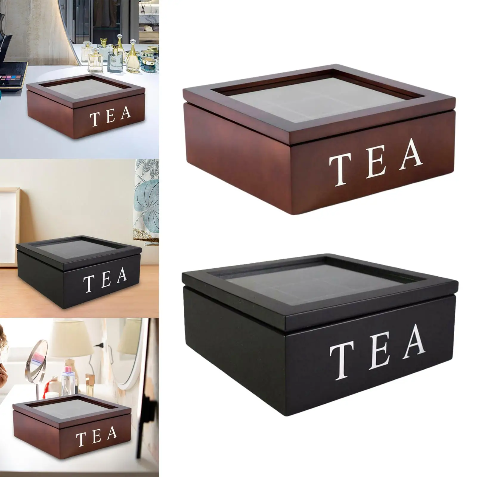 Wooden Tea Box with Viewing Window with Lid Home Tea Bag Box for Assorted Teas and Condiments Instant Coffee Packets Creamers