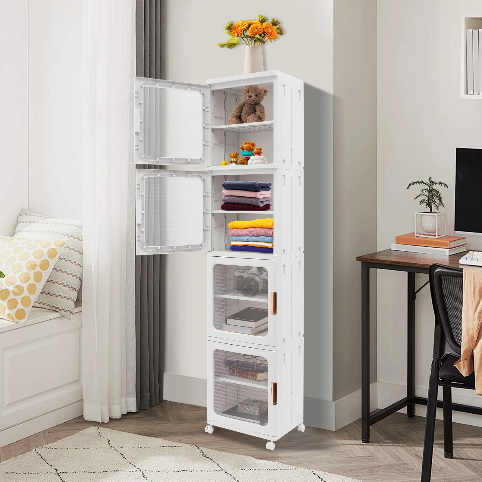 

Transparent White PET, PP 14.56x11.41x65.35 Inch 4-storey Lockers with Wheels and Foldable Storage Cabinets