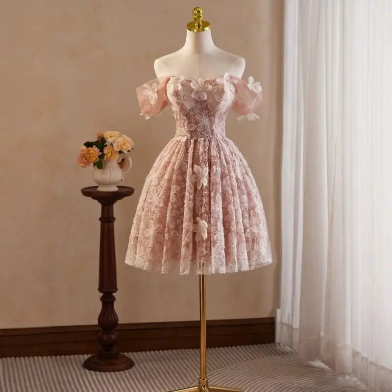 Pink Retro Mesh Short Three-dimensional Flower Banquet Party Birthday Princess Dress Temperament Host Evening Dress Customized